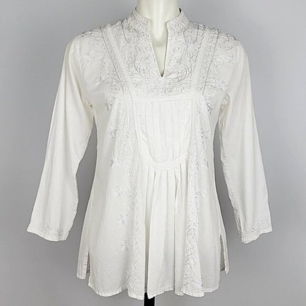 Women's White Embroidered Pleated Cotton Tunic Top Nehru Collar Split Neck Sz M